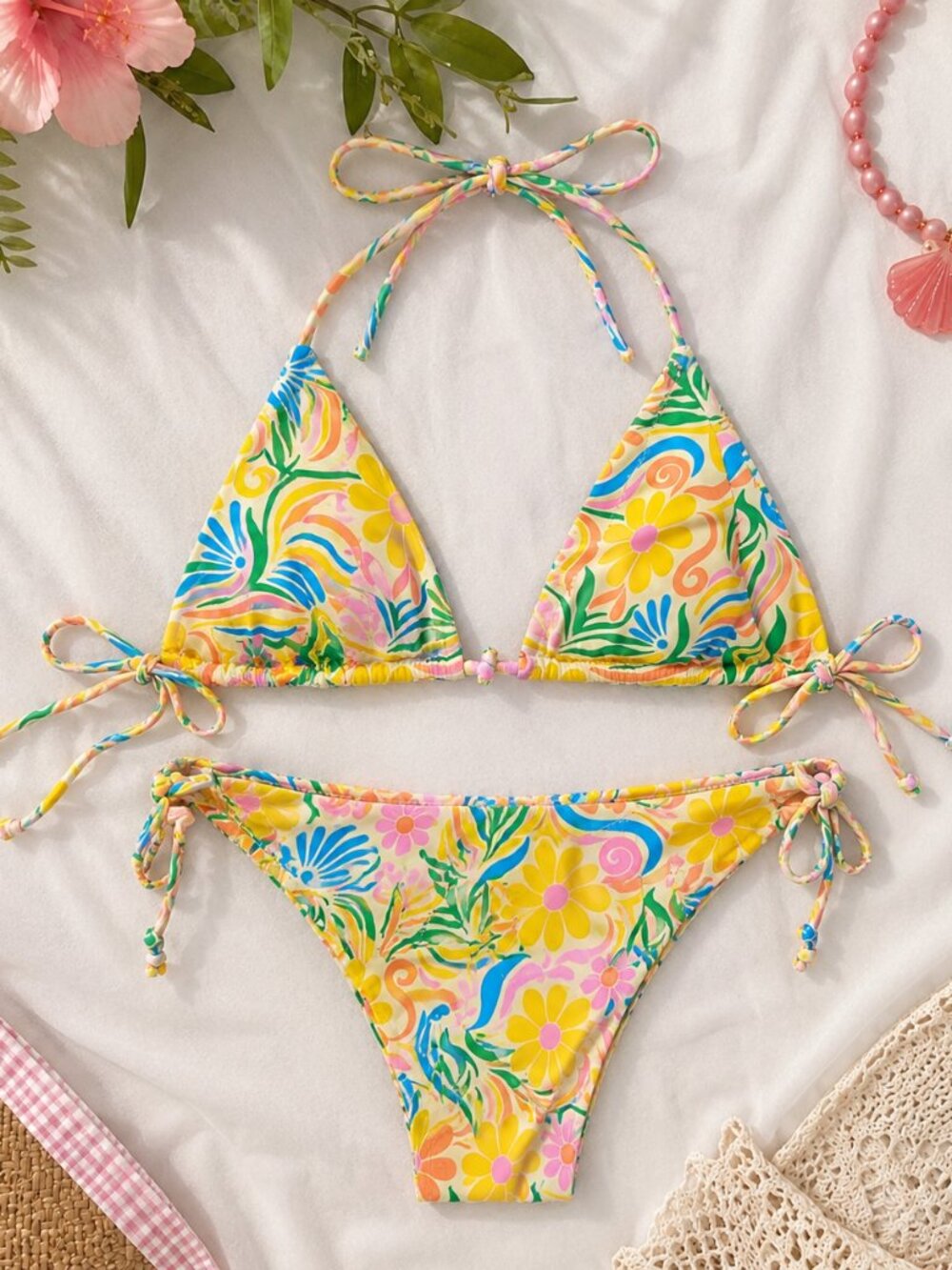 Aurelle Floral Bikini Set Size Large 🌼🌈 Retro Tropical Tie Side Swim Set